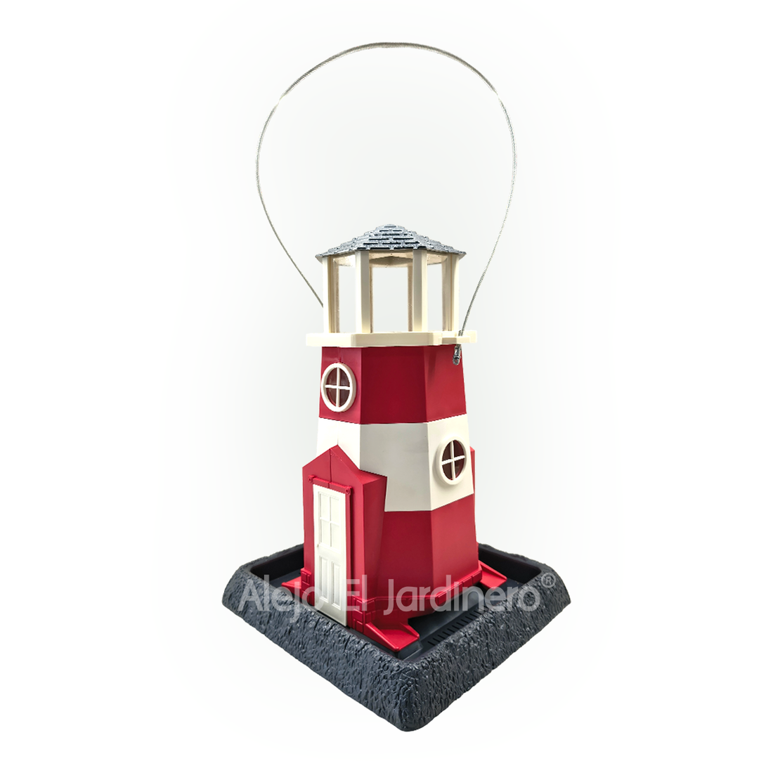 casa comedero para pájaros estilo faro rojo y blanco