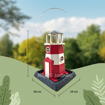 casa comedero para pájaros estilo faro rojo y blanco